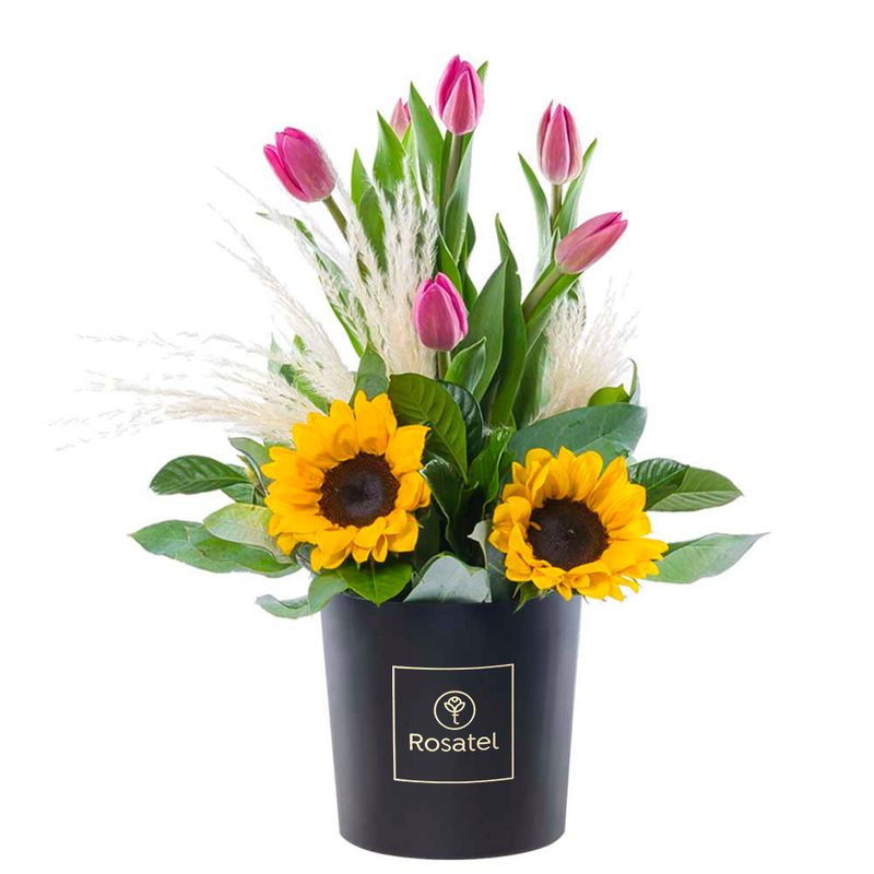 sombrerera-negra-mediana-con-6-tulipanes-fucsia-y-girasoles