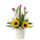 Sombrerera crema mediana con 6 tulipanes fucsia y girasoles Rosatel