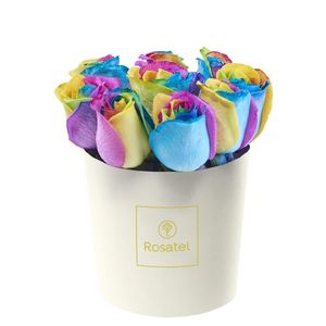 Sombrerera Crema Mediana con 12 Rosas Arcoíris
