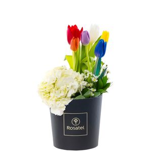 Sombrerera Negra Mediana con Tulipanes y Flores