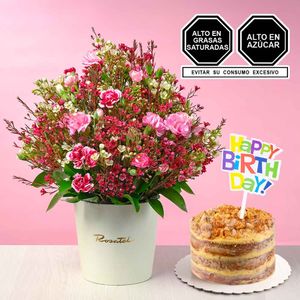 Arreglo de Flores y Mini Torta Happy Birthday