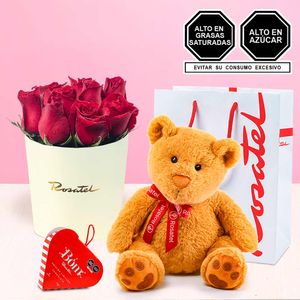 Arreglo con Rosas peluche Hugo y Chocolates Bom Rosatel