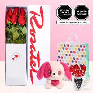 Caja Rosatel 6 Rosas Peluche y Chocolates
