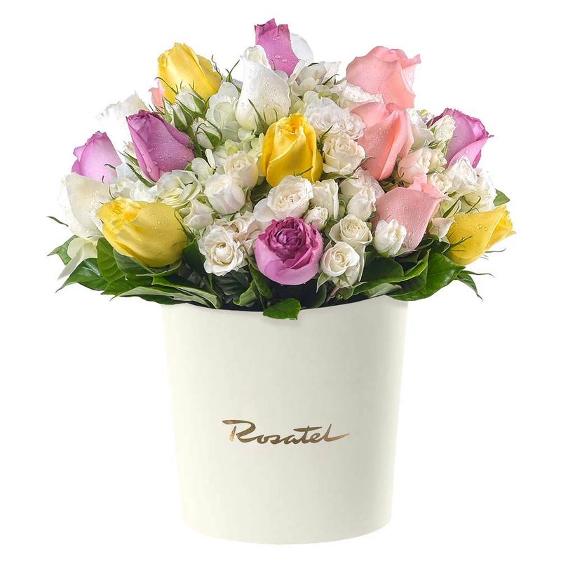 Sombrerera crema grande con rosas, mini rosas y hortensias Rosatel
