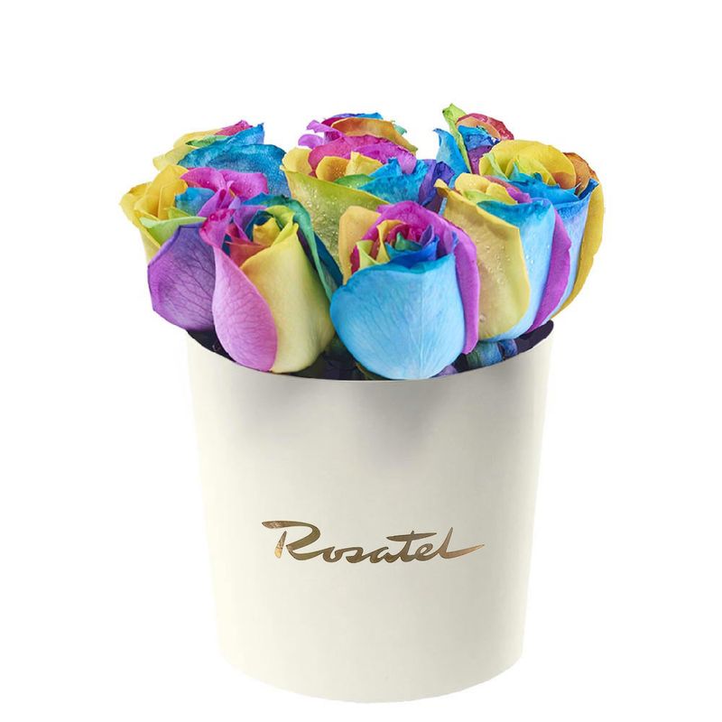 sombrerera crema mediana con 12 rosas arcoíris Rosatel