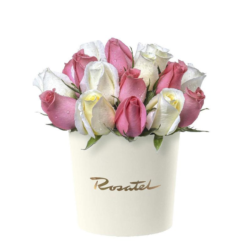 sombrerera crema mediana con 21 rosas rosadas y cremas Rosatel