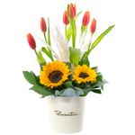 Sombrerera Crema Mediana con 6 Tulipanes Naranja con Borde Amarillo y Girasoles Rosatel