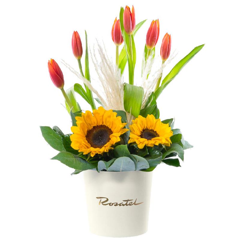 Sombrerera Crema Mediana con 6 Tulipanes Naranja con Borde Amarillo y Girasoles Rosatel