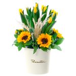 Sombrerera Crema Grande con 12 Tulipanes Amarillos y Girasoles Rosatel