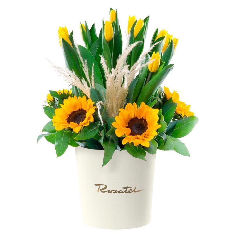 Sombrerera Crema Grande con 12 Tulipanes Amarillos y Girasoles Rosatel