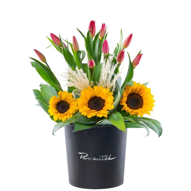 Sombrerera Negra Grande con 12 Tulipanes Rojos y Girasoles Rosatel