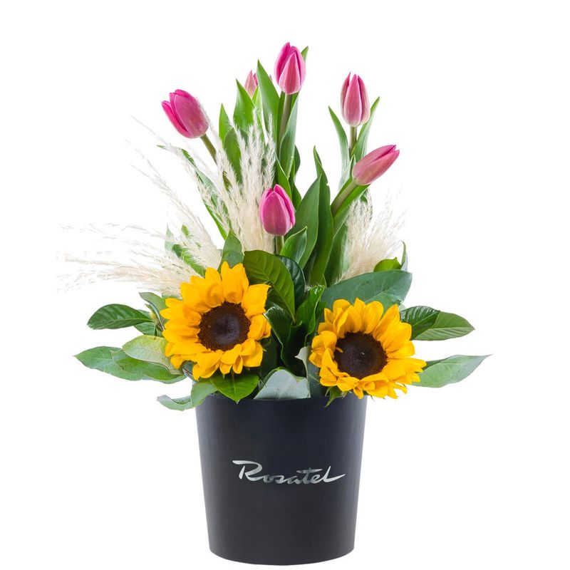 Sombrerera Negra Mediana con 6 Tulipanes Fucsias y Girasoles Rosatel