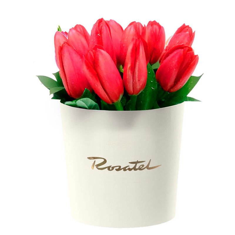 Sombrerera Crema Mediana con 12 Tulipanes Rojos