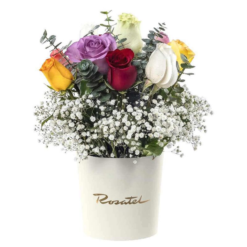 Cumpleaños 10 rosas de colores en sombrerera cremamediana Rosatel