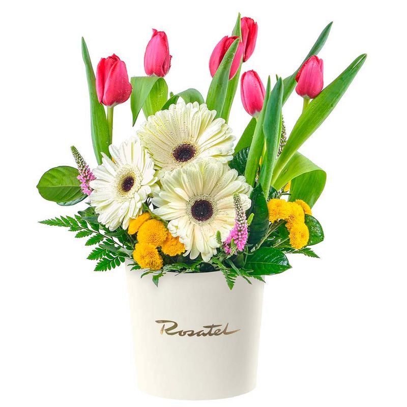 Sombrerera Crema con Tulipanes Rojos y Gerberas Rosatel