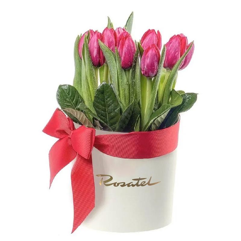 Sombrerera crema mediana con cinta roja y 10 tulipanes rojos Rosatel