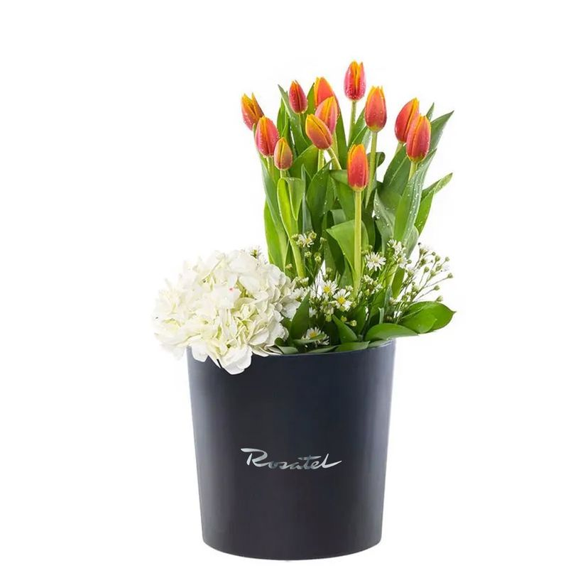 12 Tulipanes naranja con borde amarillo hortensia y flores en sombrerera negra grande Rosatel