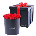 Florería a domicilio sombrerera con 10 rosas preservadas rojas en caja Rosatel