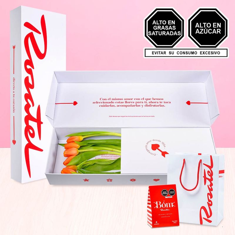 Caja con Tulipanes Naranjas y Chocolates Bom Rosatel