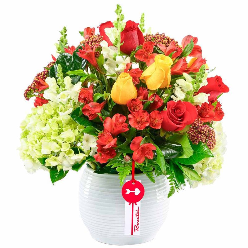 Arreglo floral en cerámica blanca rosas rojas y amarillas Rosatel