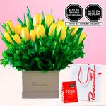 Flores amarillas tulipanes en arreglo Triana y chocolates bom Rosatel