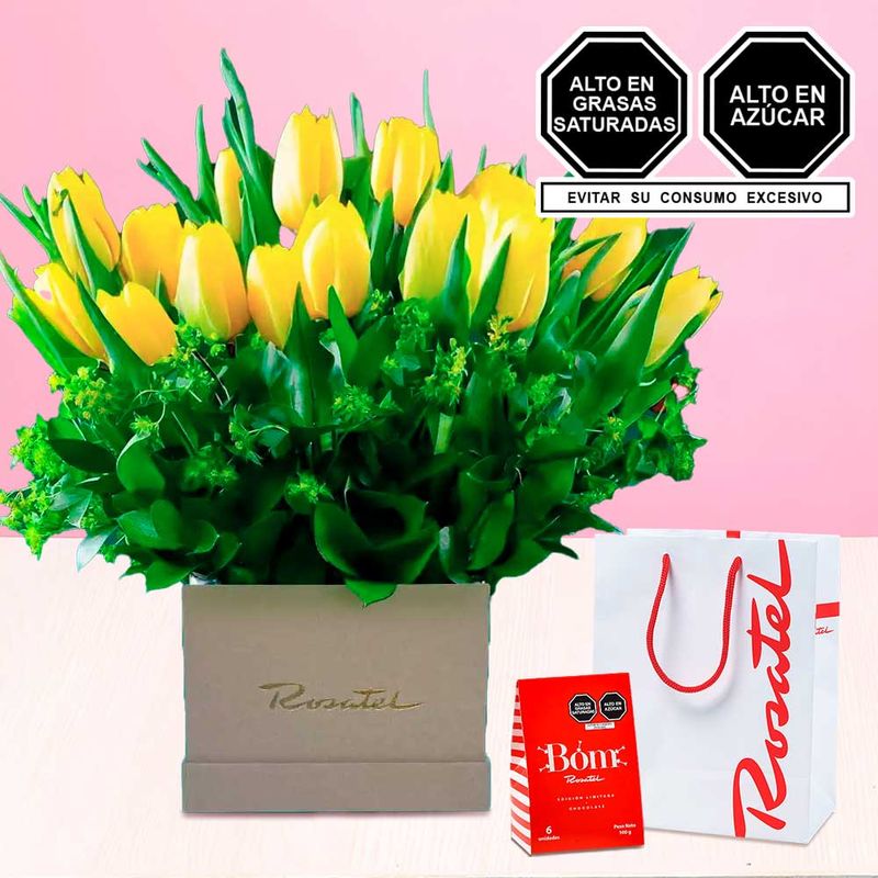Flores amarillas tulipanes en arreglo Triana y chocolates bom Rosatel
