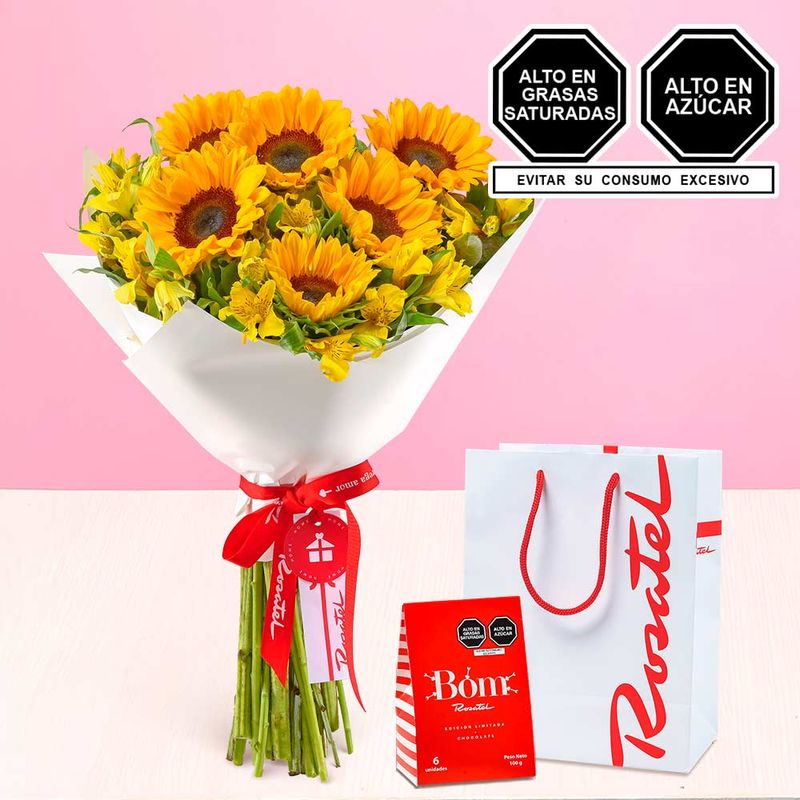 Ramo primaveral flores amarillas girasoles y chocolates bom Rosatel