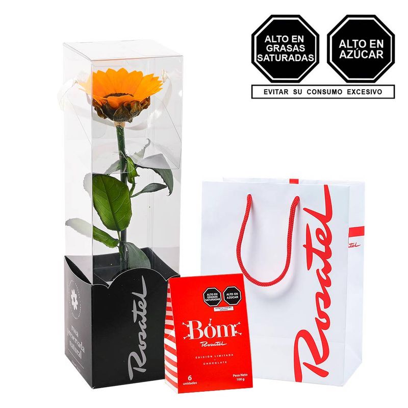 Flores amarillas girasol preservado y chocolates bom Rosatel