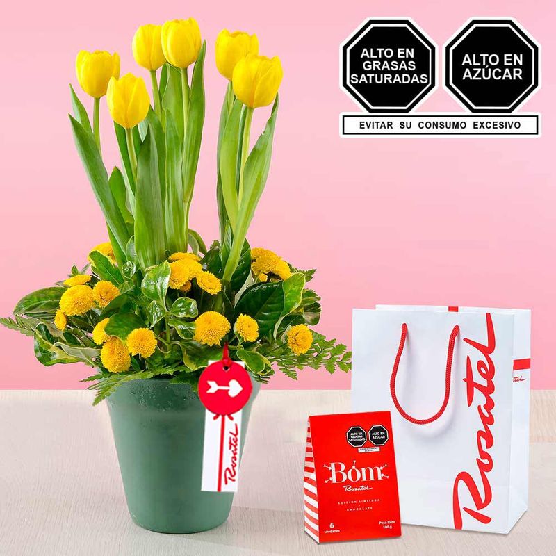 Tulipanes amarillos en arreglo y chocolates bom Rosatel
