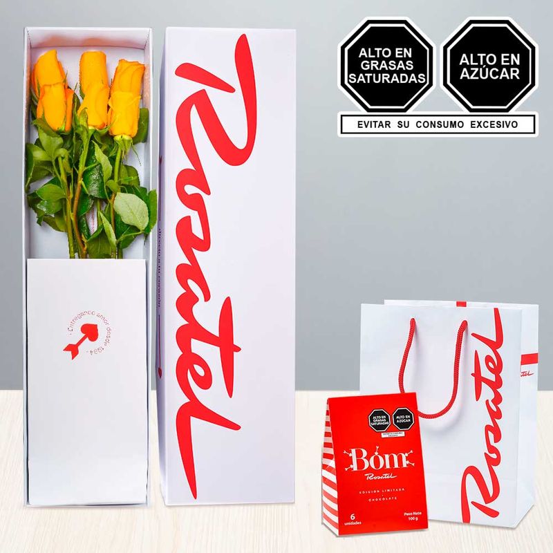 Caja con 6 Rosas Amarillas y Chocolates bom Rosatel