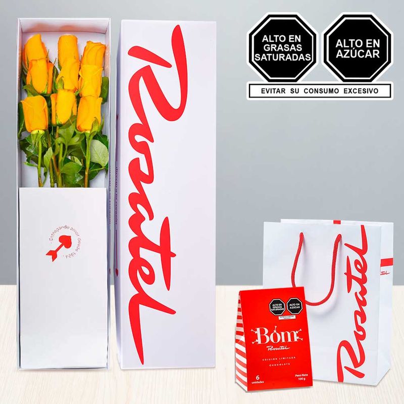 Caja con 9 Rosas Amarillas y Chocolates bom Rosatel