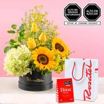 Flores amarillas en arreglo y chocolates bom Rosatel