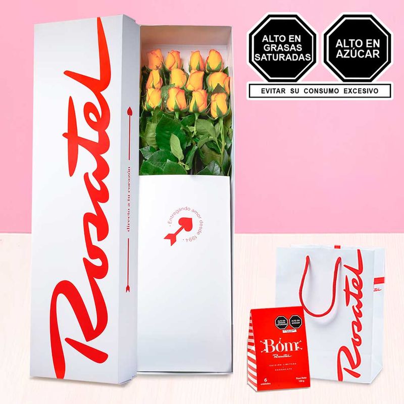 Caja con 12 Rosas Amarillas y Chocolates bom Rosatel